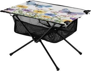 Folding Table with Mesh Storage Net Butterfly Flower Watercolor Ideal for Camping Hiking Beach Picnic cooperative signature commercialize Travel Backyard Camping Table Lightweight Portable 