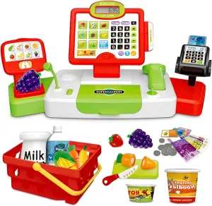 Food, ride Microphone - Safe Grocery Cashier Playset for Kids Ages 4-8 Kids Cash Register Toy with Real Calculator - Pretend Play Cash Register with Scanner, Credit Card, Play Money, 