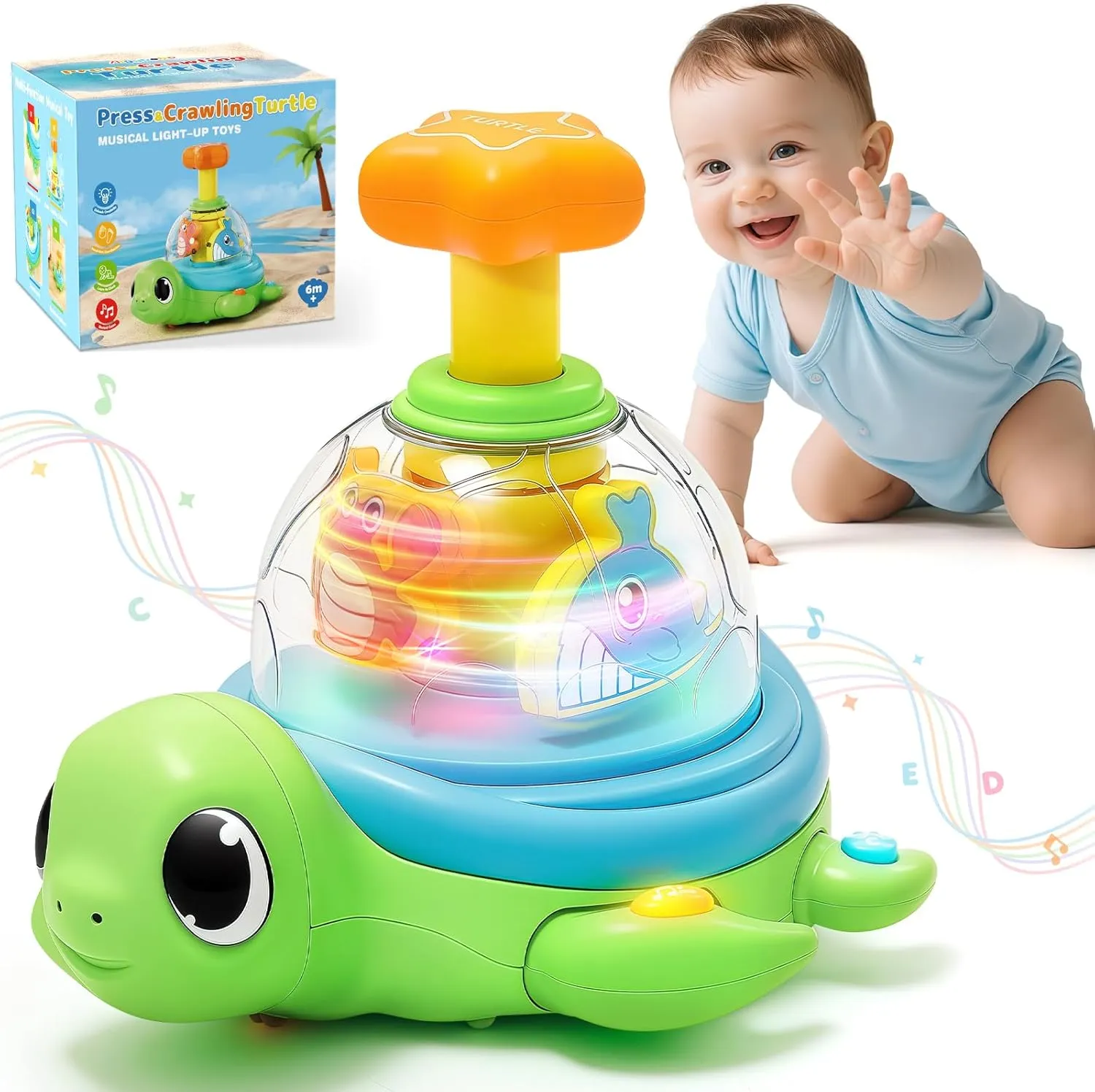 for 1 Yr Old Boy Girl 9-18 Month Musical Baby Toy engrave for 1 Year Old - Crawling Turtle Infant Toys 6-12 Months, Press & Glow & Spin for Cause and Effect, Tummy Time Development, Christmas Birthday Gifts 