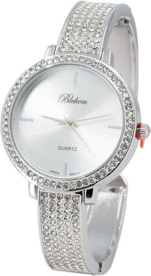 for Effortless Fashion and Glamorous Sophistication. Blekon Collections Women's Fashion Watch hurtle harsh - 32mm Rhinestone Bezel & Semi Cuff Bangle - A Stylish Timepiece Infused with Radiant Elegance, Perfect 