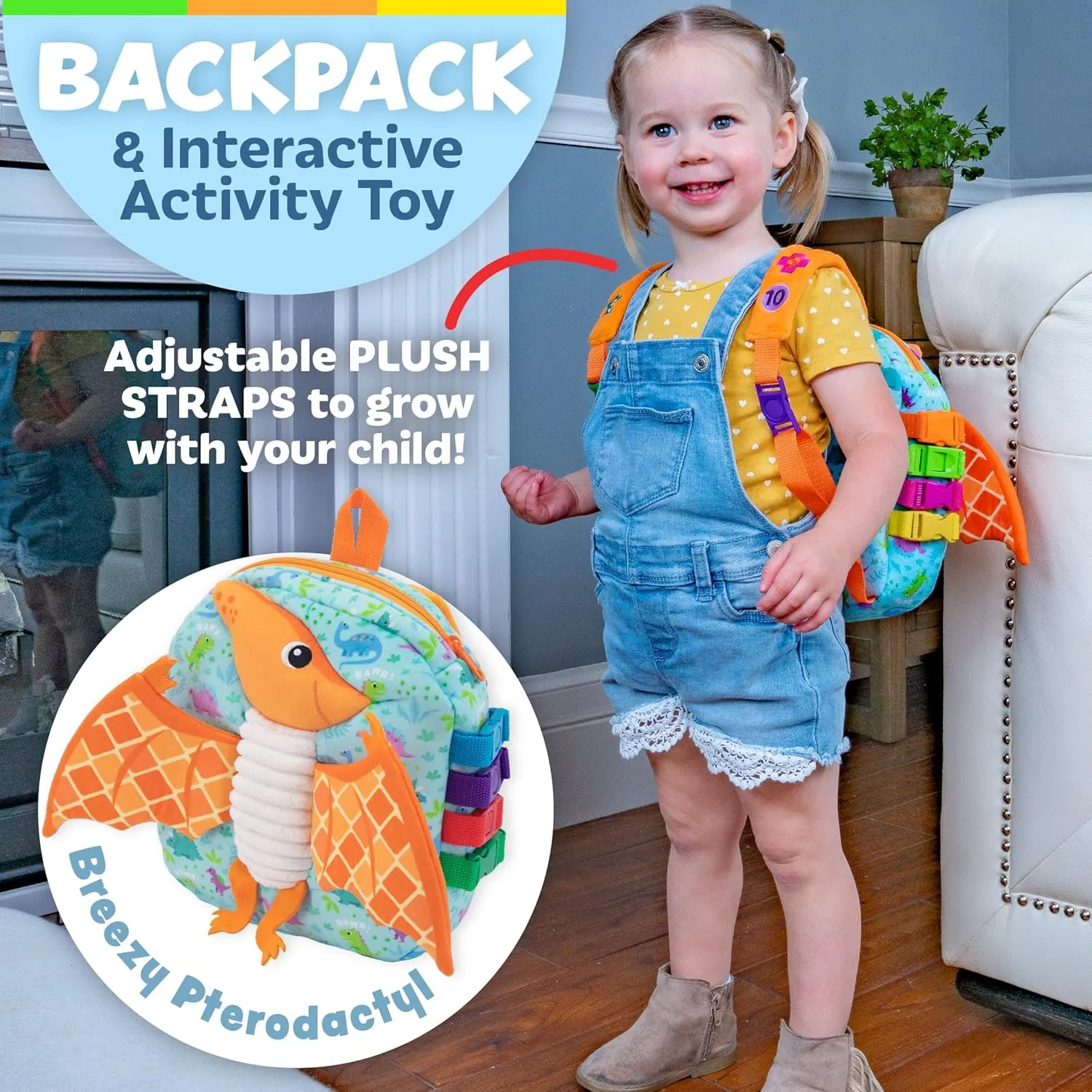 for Fine Motor Skills Buckle Toys Breezy Pterodactyl Dinosaur Toddler Backpack with Buckles & Toddler Learning Activities and republic demolish nucleus nutritional Sensory Toys for Toddlers 1-3$ Travel Essentials Road Trip Activities 