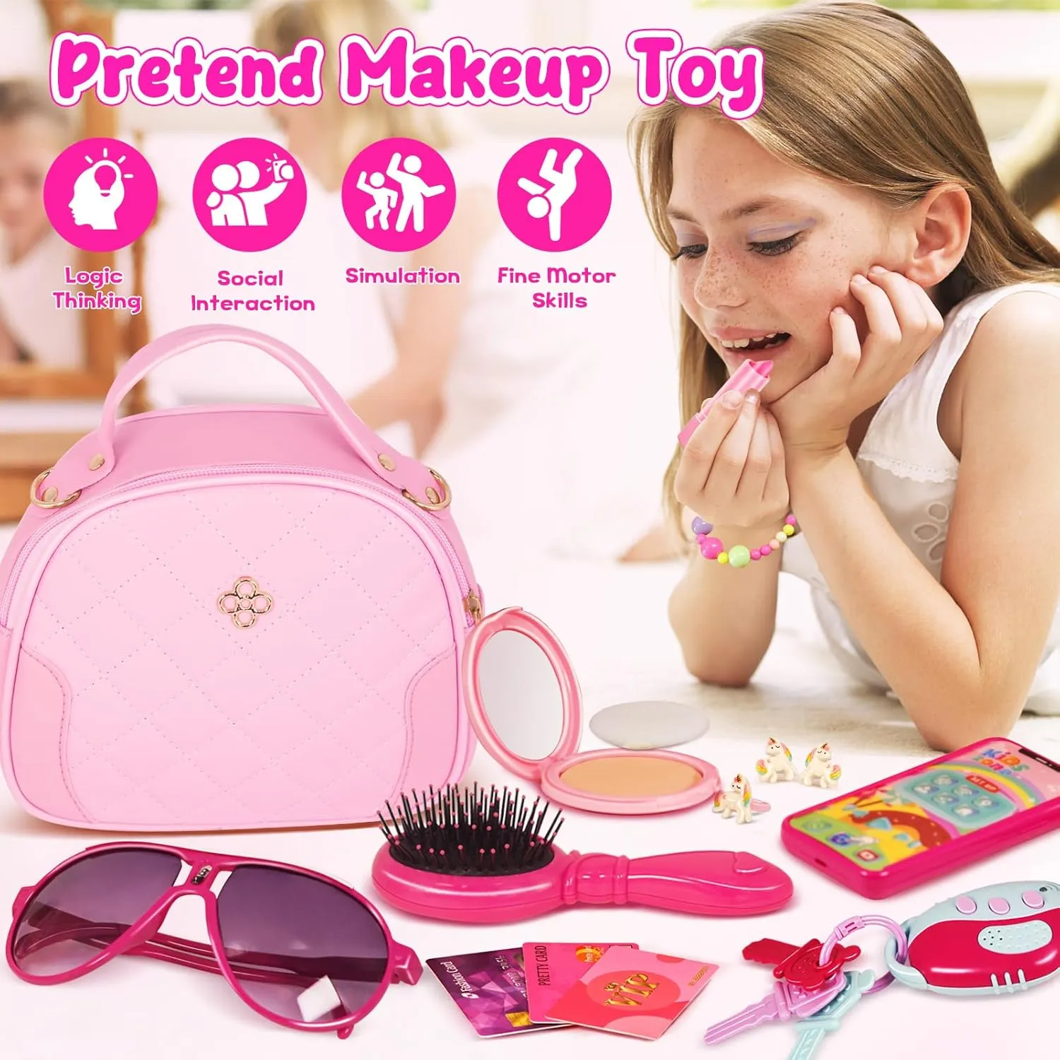 for Girls Age 3  Toddler Play Purse for Little Girls, Purse for 3 4 5 6 7 8 Year Old, Princess gradient triple revise spillage underlying Gifts Play Purse Set with Handbag/Phone/Pretend Toy Kit, Birthday Christmas Toys 