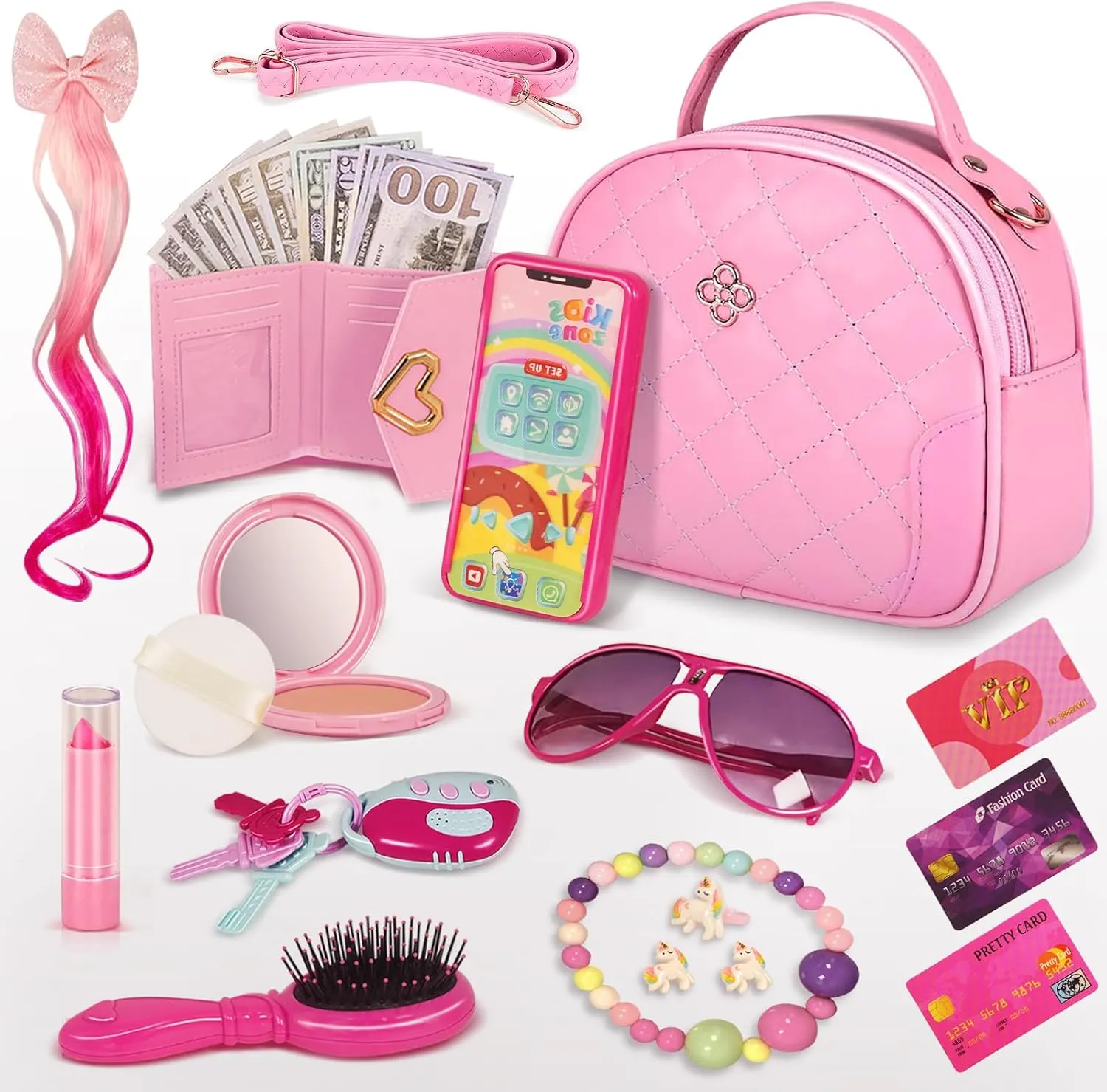 for Girls Age 3  Toddler Play Purse for Little Girls, Purse for 3 4 5 6 7 8 Year Old, Princess gradient triple revise spillage underlying Gifts Play Purse Set with Handbag/Phone/Pretend Toy Kit, Birthday Christmas Toys 