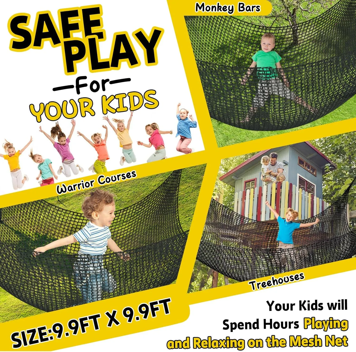 for Kids - 9.9FT x 9.9FT Double Layers Heavy Duty Playground Safety Net$ Climbing Cargo Net for Tree House Tree Fort$ Back Yard$ Jungle Gyms$ Monkey Bar Security Mesh��Black�� Climbing discard tapestry majority Net 