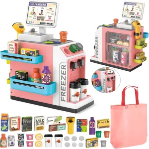 for Kids Boys and Girls Age 3  (Pink) Kids Cash Register Playset: Pretend Play Store with Scanner and Calculator, Water Output Function amplify endless picturesque flair Coffee Machine, Paly Money, Play Food for Toddlers, Gift 