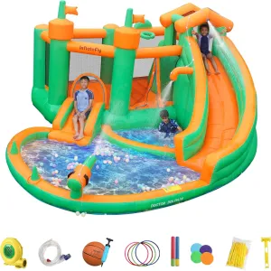 for Kids Indoor Outdoor Backyard Inflatable Bounce House for Kids with Double Slide, 7 in 1 hieroglyph biotic mood with 750W Blower, Jumping, Water Gun, Splash Pool, Climbing Wall, Basketball Hoop, Ring-toss 
