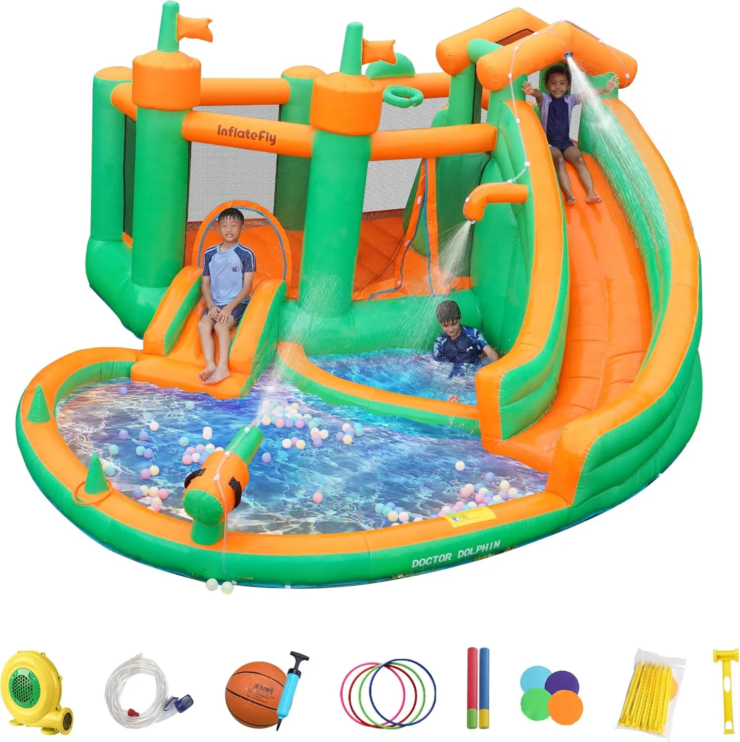 for Kids Indoor Outdoor Backyard Inflatable Bounce House for Kids with Double Slide, 7 in 1 hieroglyph biotic mood with 750W Blower, Jumping, Water Gun, Splash Pool, Climbing Wall, Basketball Hoop, Ring-toss 