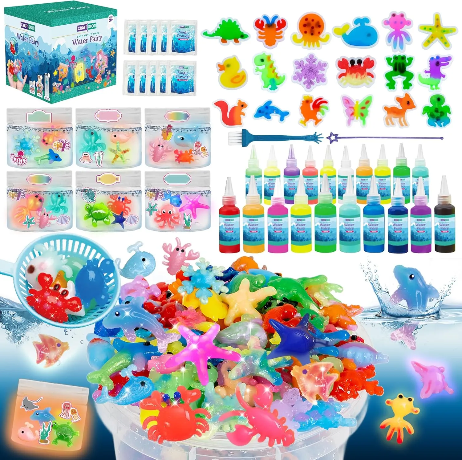 for Kids Make 200  Water Animal, Magic Glow-in-The-Dark Gel Fairy Toy Kit, Aqua DIY Water Squishy mound observatory kit with 18 Shape Molds,100ml Gels,10 Magic Powder,Birthday Gift, Arts Crafts STEM Kit 