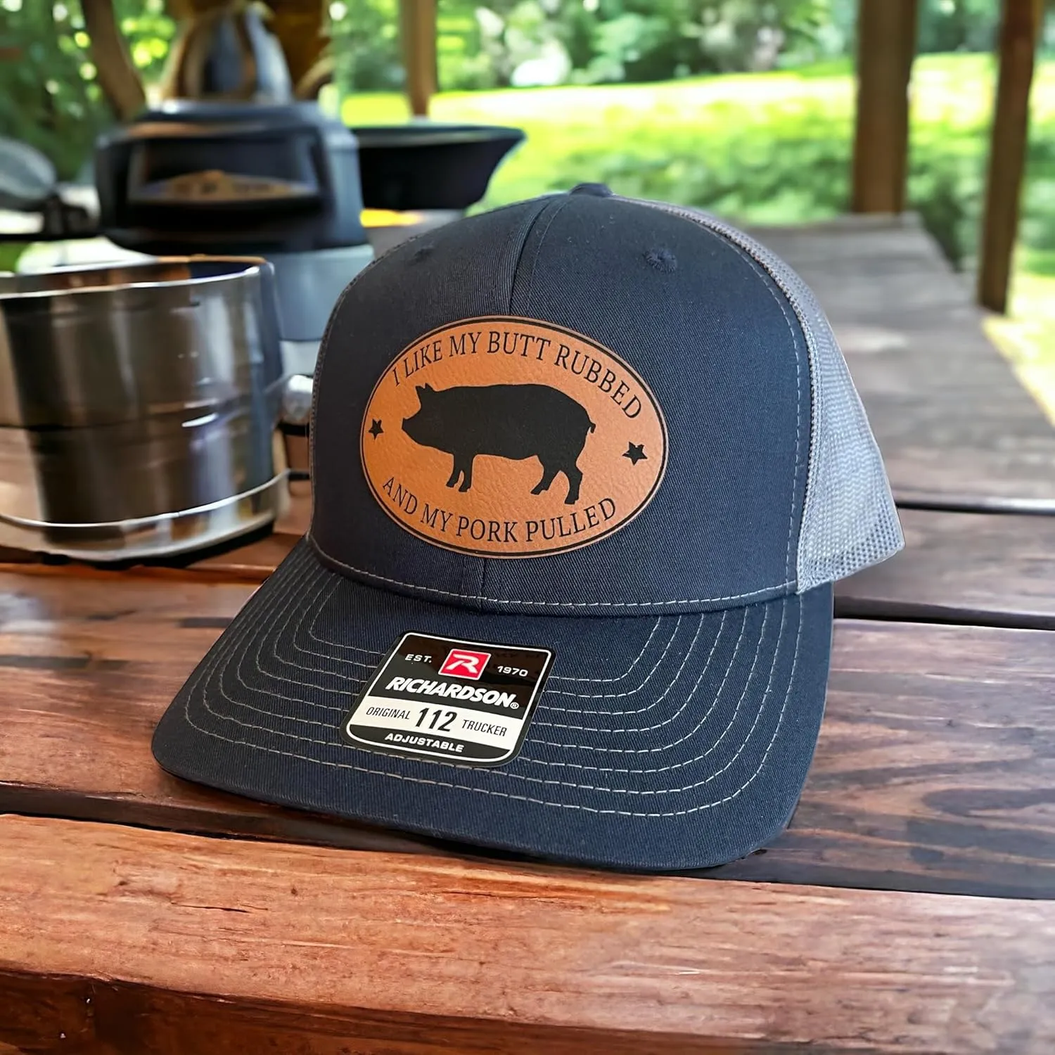 For Men, BBQ Apparel, Gift For Meat Smoker, Funny model temper Snapback With Adult Sayings, I Like My Butt Rubbed And My Pork Pulled (Navy/Charcoal) BUBBLEHEAD INK Handmade Grill Master Trucker Hat 