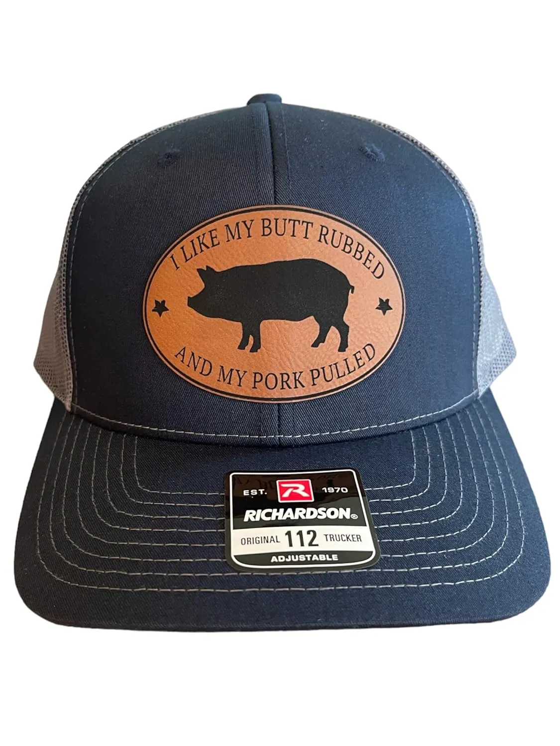 For Men, BBQ Apparel, Gift For Meat Smoker, Funny model temper Snapback With Adult Sayings, I Like My Butt Rubbed And My Pork Pulled (Navy/Charcoal) BUBBLEHEAD INK Handmade Grill Master Trucker Hat 