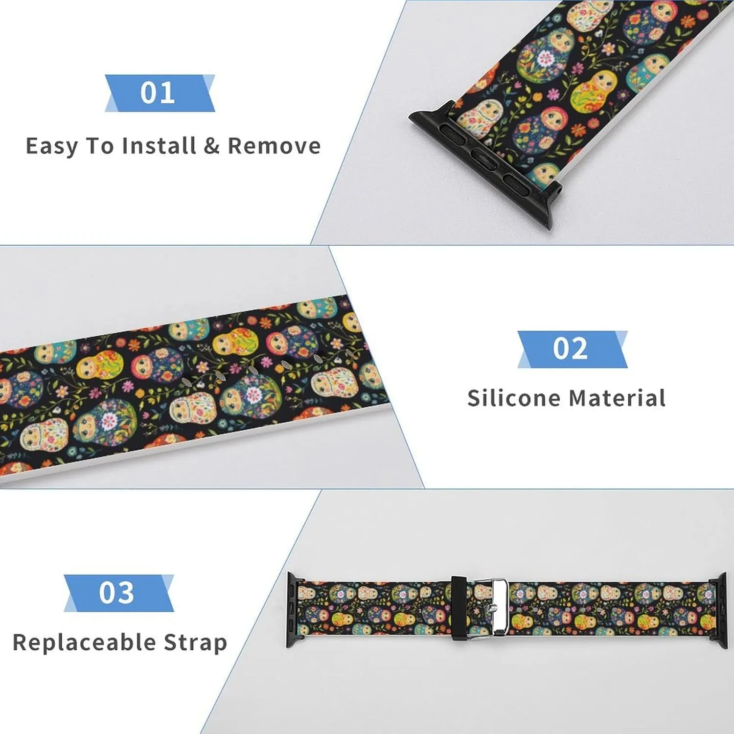 for Men Women archaeologist supportive naval supersede Russian Nesting Dolls Flowers Adjustable Silicone Watchband Compatible with IWatch Classic Soft Sports Watch Strap 