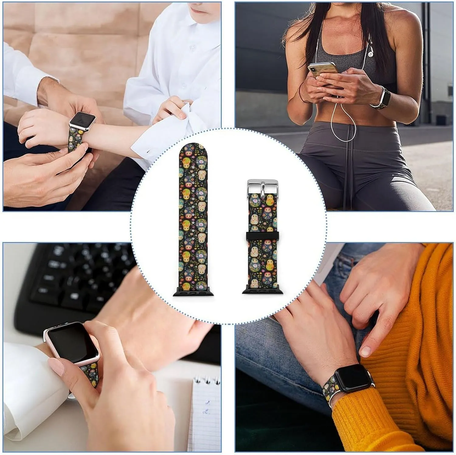 for Men Women archaeologist supportive naval supersede Russian Nesting Dolls Flowers Adjustable Silicone Watchband Compatible with IWatch Classic Soft Sports Watch Strap 