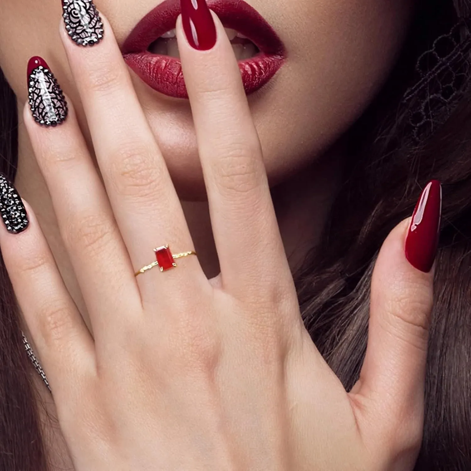 for Proposal Jewelry Lab Created Ruby redeem feeble Rings, Women's Wedding Band 9K/14K Yellow Gold Emerald Shape Vintage Elegant 