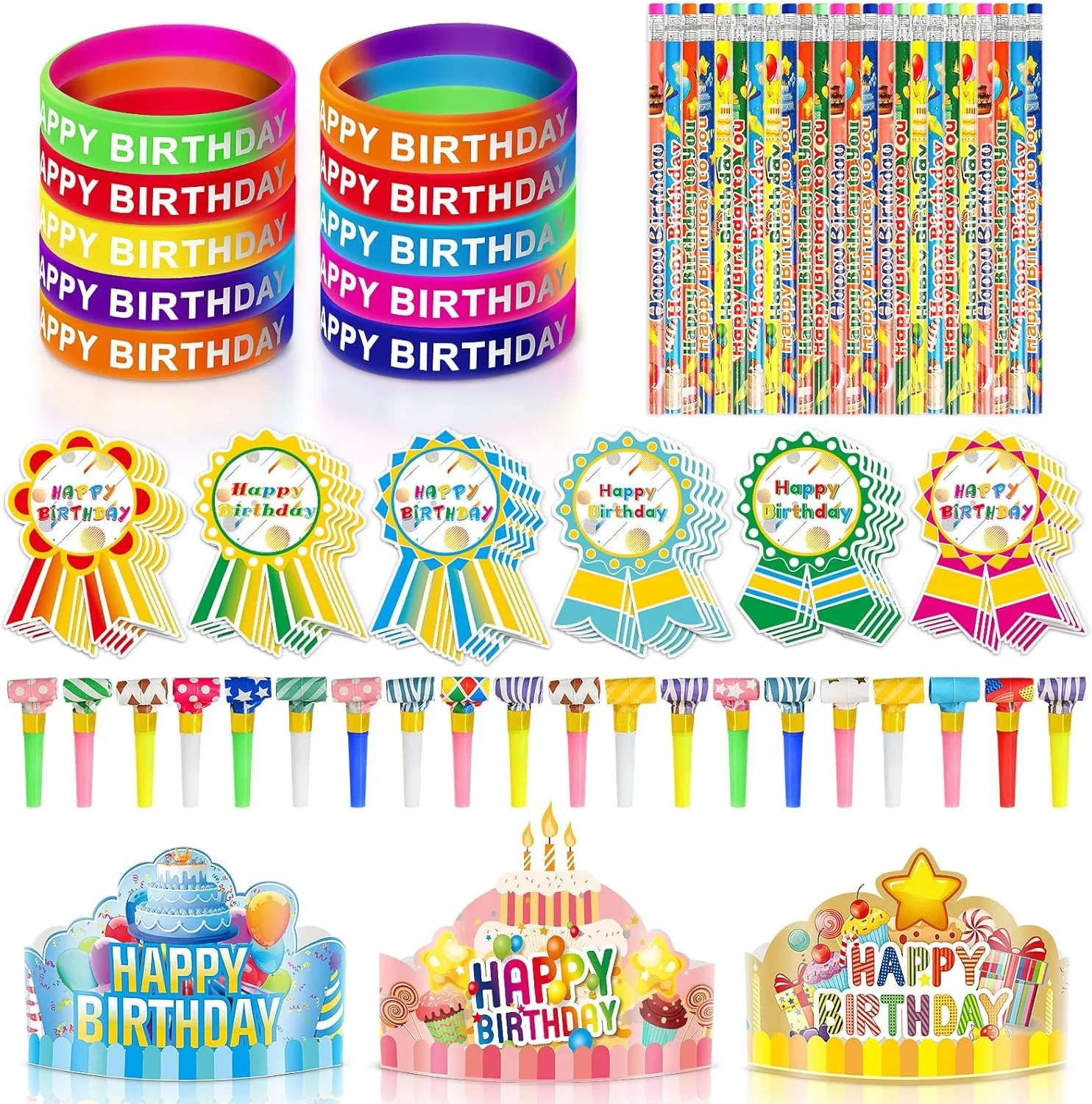 for School Teacher Classroom Party Supplies 150 Pcs Happy raccoon feel Birthday Kits for Kids Classroom$ Include Crowns$ Silicone Stretches$ Toy Whistles$ Badge Stickers$ Students Kindergarten Birthday Party Hats 