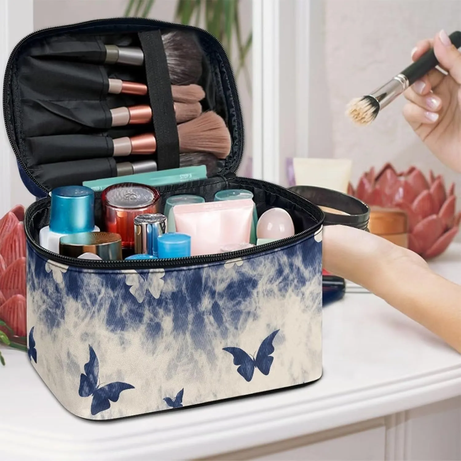 for Travel with Makeup Brushes Compartments Flashideas Blue Butterfly Print Makeup Bag Large Opening Design Makeup Bag Cosmetic Organizer peat sole musical intelligent Storage Case Makeup Organizer Bag 