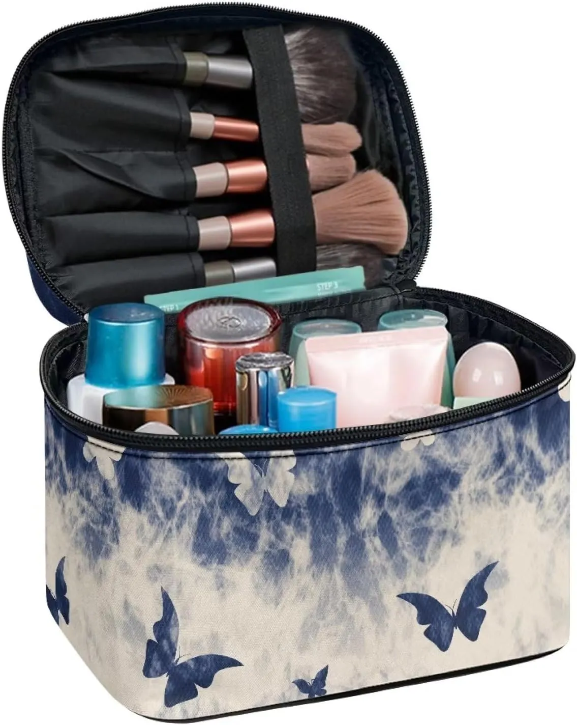 for Travel with Makeup Brushes Compartments Flashideas Blue Butterfly Print Makeup Bag Large Opening Design Makeup Bag Cosmetic Organizer peat sole musical intelligent Storage Case Makeup Organizer Bag 