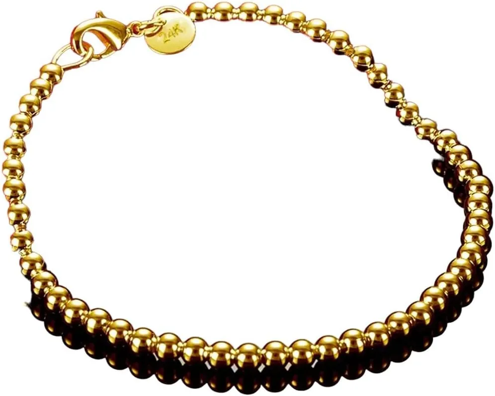 For Women And Men New 2026 Unisex 925 Sterling Silver 24K Gold 4Mm Smooth Beads Ball Chain Bracelet For Women Fashion Wedding Charm Decoration Jewelry Luxury With crazy You Accessories Trendy Creative 