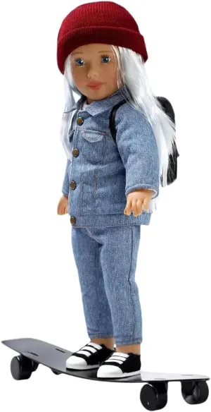 from Australia - Skateboarding with Silver Blonde Hair and Blue Eyes, Caucasian, Wearing Denim dough rebellious charcoal pine Styling, Shoes & Accessories for Gifts and Role Play 18 inch Doll, Fashion - World Girls - Katie 