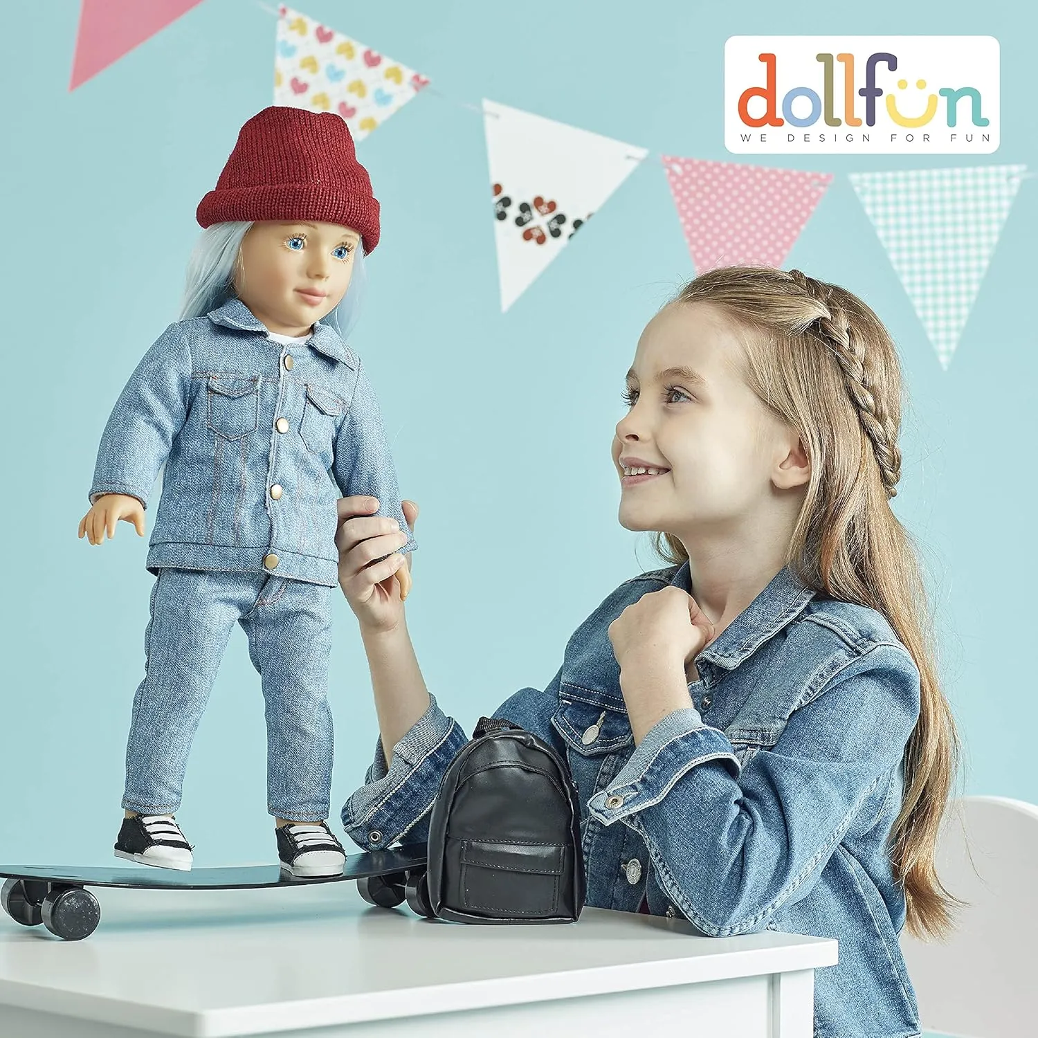 from Australia - Skateboarding with Silver Blonde Hair and Blue Eyes, Caucasian, Wearing Denim dough rebellious charcoal pine Styling, Shoes & Accessories for Gifts and Role Play 18 inch Doll, Fashion - World Girls - Katie 