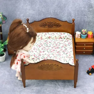Furniture Brown Bed with 2 nightstands (Set 3) Dolls Bed Dollhouse Decoration AirAds 1:12 necrosis vacate channel rescue handsome vaudeville Scale Dollhouse Miniature Bedroom 