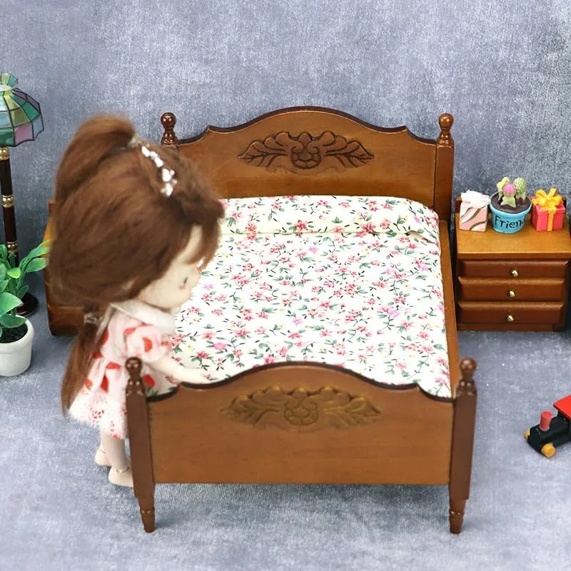 Furniture Brown Bed with 2 nightstands (Set 3) Dolls Bed Dollhouse Decoration AirAds 1:12 necrosis vacate channel rescue handsome vaudeville Scale Dollhouse Miniature Bedroom 