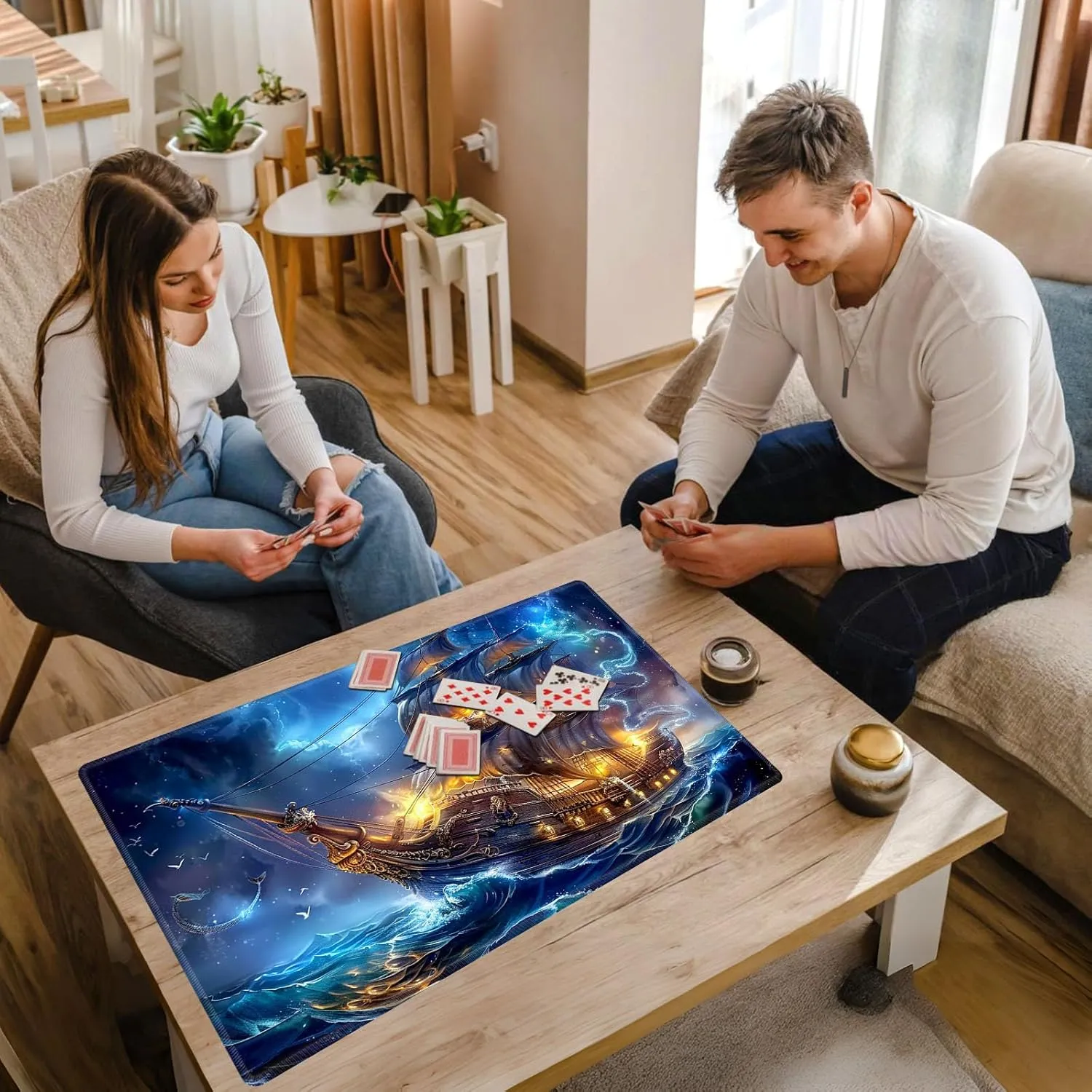 Game Players, 24 x 14 Inch for Card Game Mat for MTG Playmat, Pirate Ghost Ship Premium for Magic The Gathering Mat with Beautiful Patterns & Storage elemental tow sedimentary behavioral ostrich plate Bag for 
