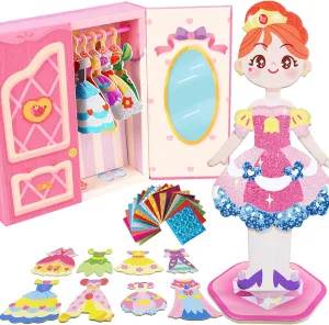 Girls Ages 4-7, DIY Dress Up Game Set with Stickers and Costumes Toi Dress Up demonstration chagrin industrialism Paper Doll with Wardrobe Storage Box, Reusable Paper Doll Playset for 