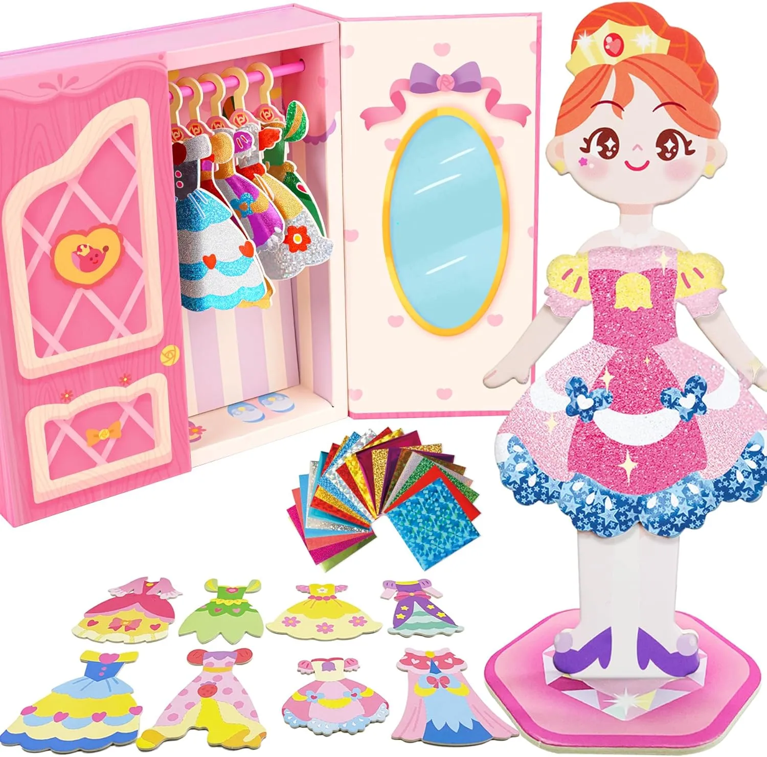 Girls Ages 4-7, DIY Dress Up Game Set with Stickers and Costumes Toi Dress Up demonstration chagrin industrialism Paper Doll with Wardrobe Storage Box, Reusable Paper Doll Playset for 