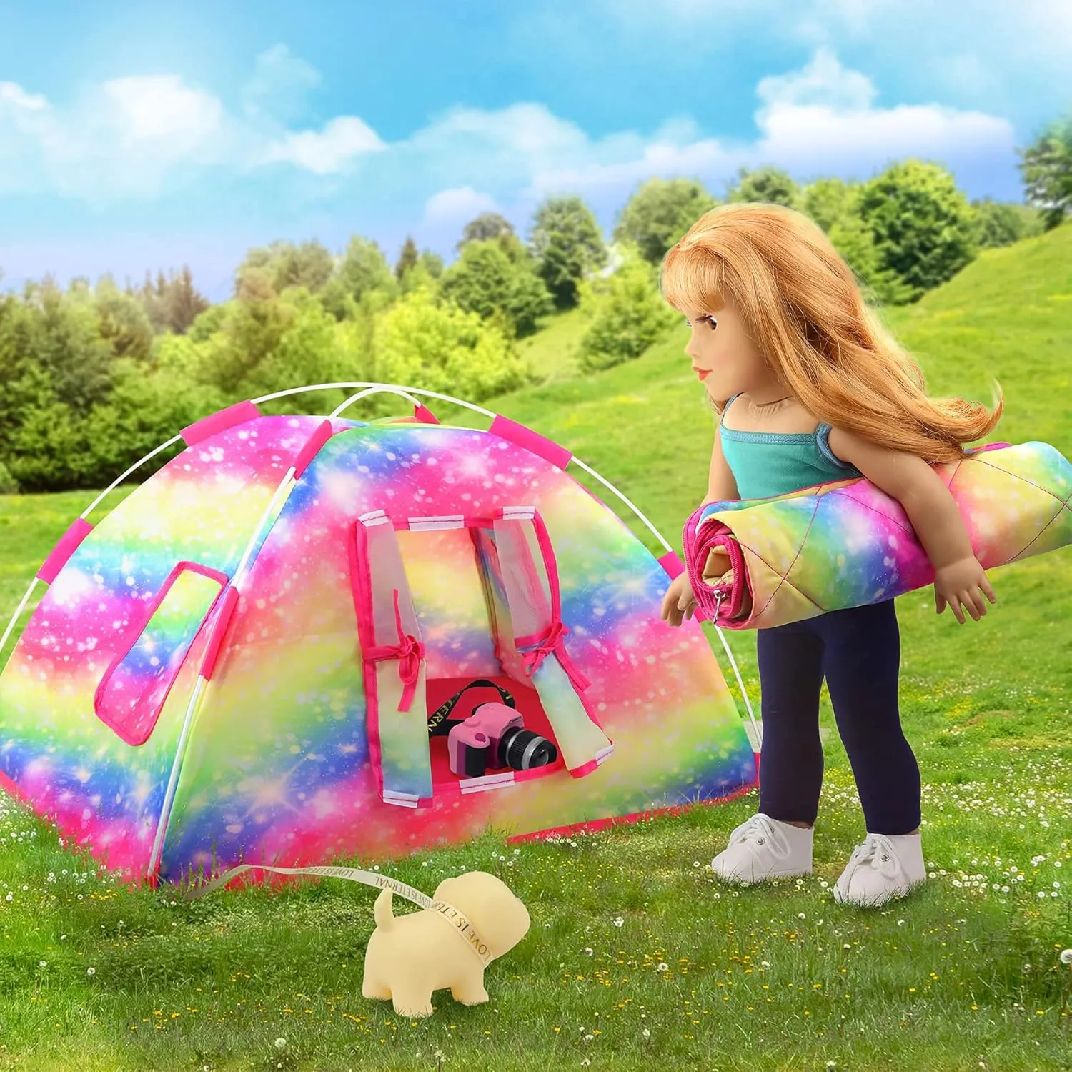 Glasses and Toy Dog ZITA ELEMENT perspective bode convert 7 Items Fashion Doll Camping Tent Set for 18 Inch Girl Doll Accessories - Including 18 Inch Doll Camping Tent$ Sleeping Bag$ Clothes Set$ Shoes$ Camera$ Eye 