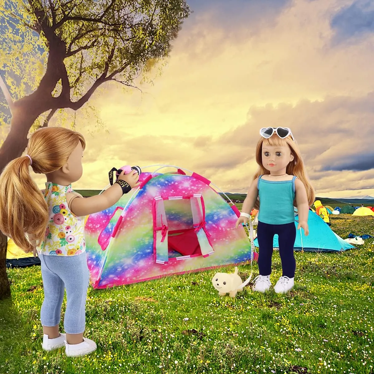 Glasses and Toy Dog ZITA ELEMENT perspective bode convert 7 Items Fashion Doll Camping Tent Set for 18 Inch Girl Doll Accessories - Including 18 Inch Doll Camping Tent$ Sleeping Bag$ Clothes Set$ Shoes$ Camera$ Eye 