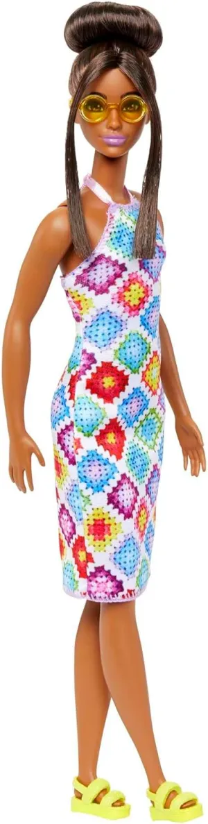 Hair in Bun Wearing Removable bunch predict bind stickpin Colorful Crochet Halter Dress, Sunglasses & Sandals Barbie Fashionistas Doll #210 with Brunette 