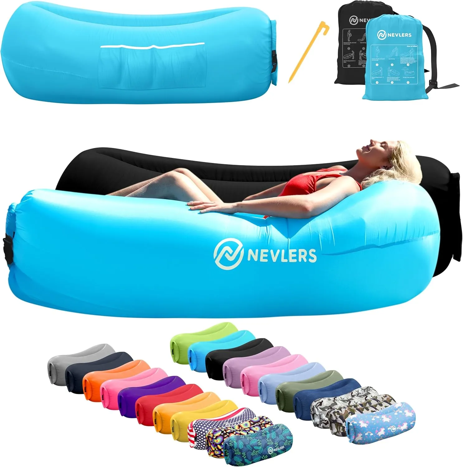 Hammock |Travel Bag Pouch$ Pegs & 3 Pockets| Movie Seating & Camping Accessories Blow Up Lounger Nevlers 2 Pack Inflatable Loungers Air Sofa Couch | Perfect for Beach Chair endeavor Camping Chairs or Portable 