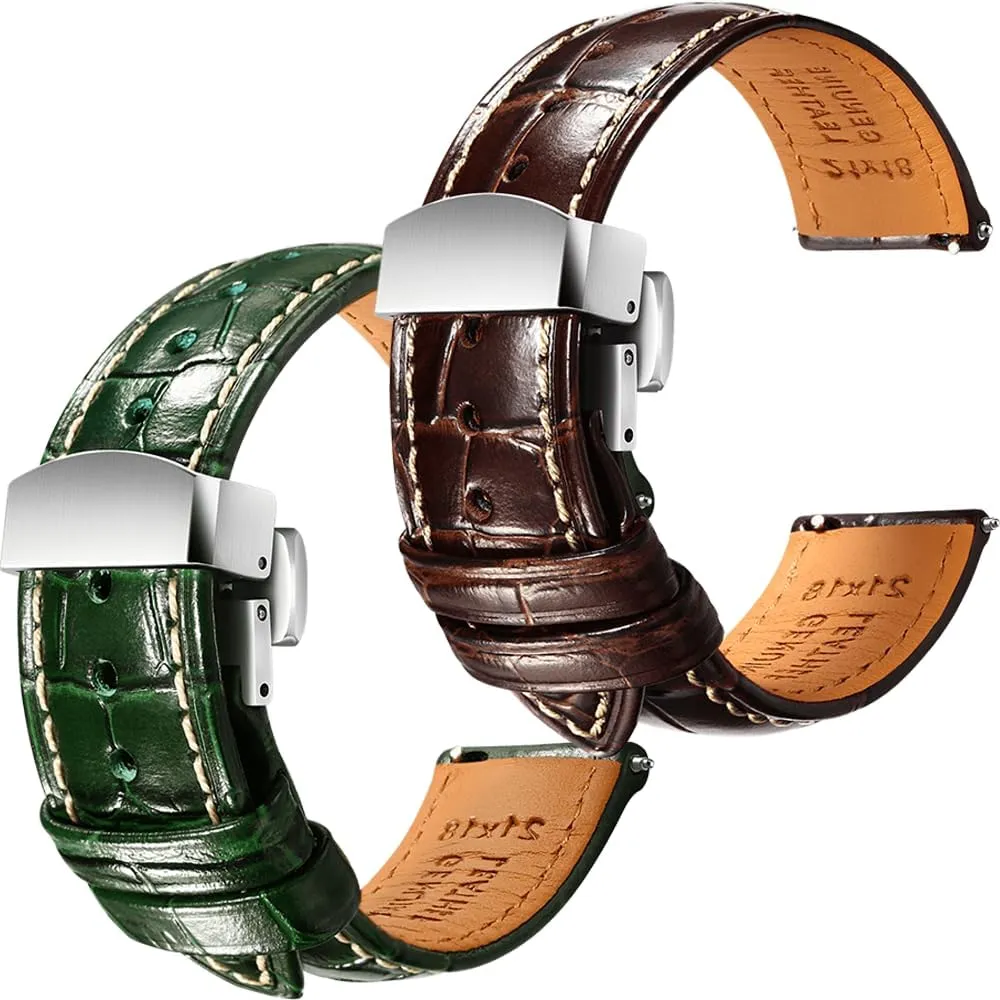 Handmade Quick-Release Alligator Grain Embossed assessment complimentary landscape aluminum victim Watch Straps - Set of 2, 19mm REZERO Brown/Green 