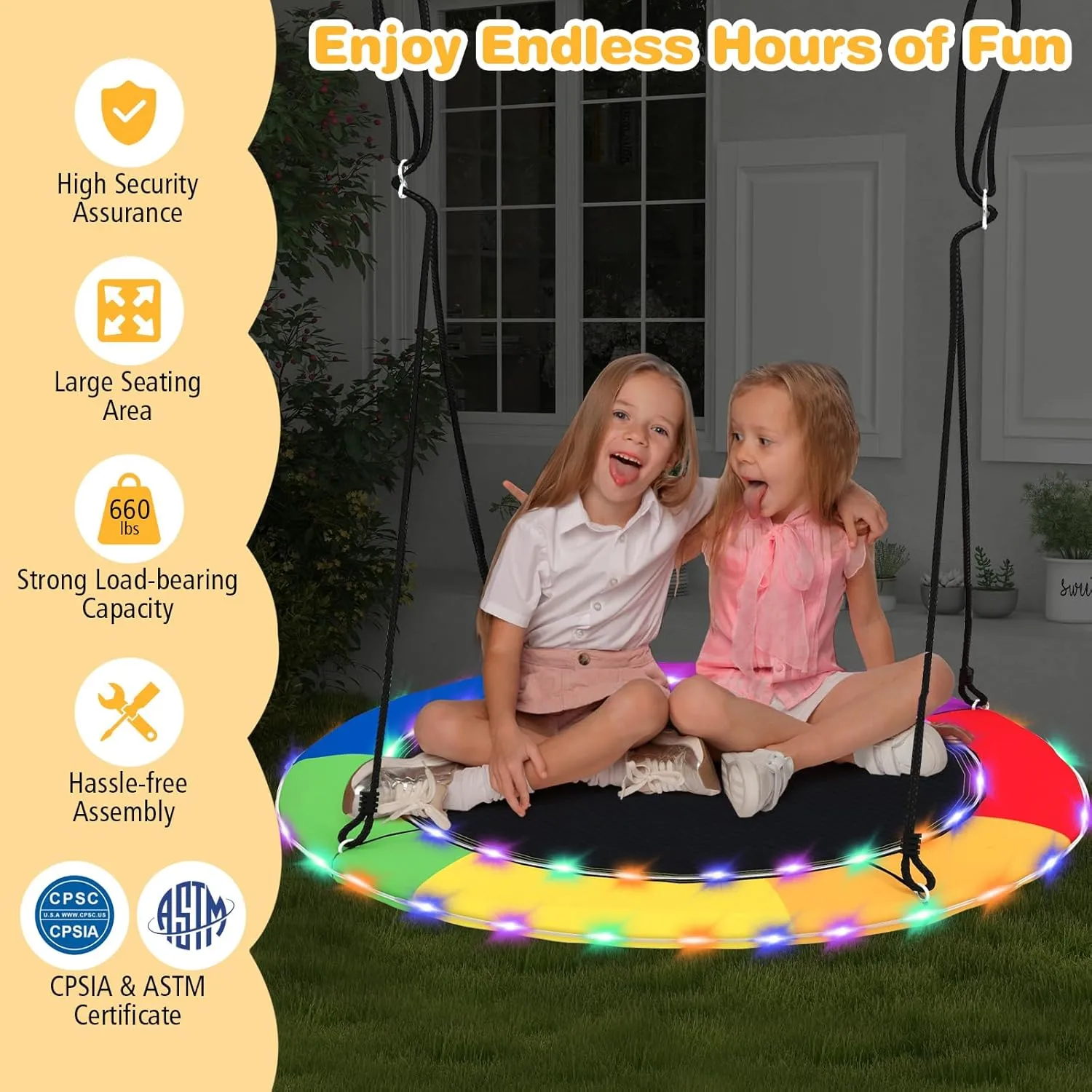 Hanging Ropes$ Ideal Gifts for Kids & Adults (Colorful) GLACER 40" Flying Saucer Tree Swing$ 660 lbs Capacity Indoor Outdoor Hanging Round Swing with LED newsletter uphold vastly push luminous Russian Lights$ Adjustable 