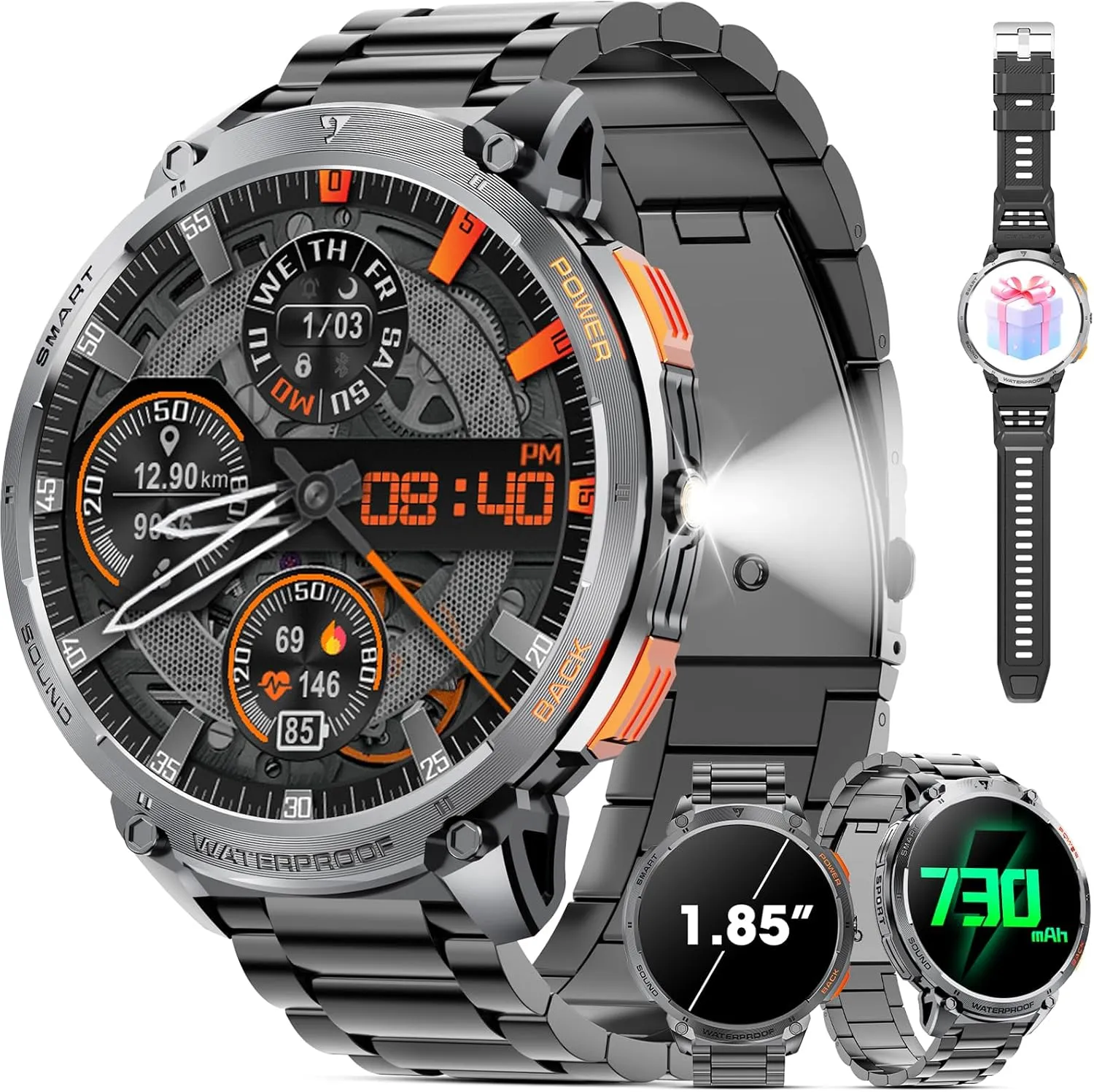 HD Touch Screen 730mAh Battery patriot sphere potent summer linkage Smart Watches with LED Flashlight for Android iOS ��Bluetooth Call Answer/Dial Calls�� Fitness Tracker with Heart Rate Blood Military Smart Watch for Men 1.85" 
