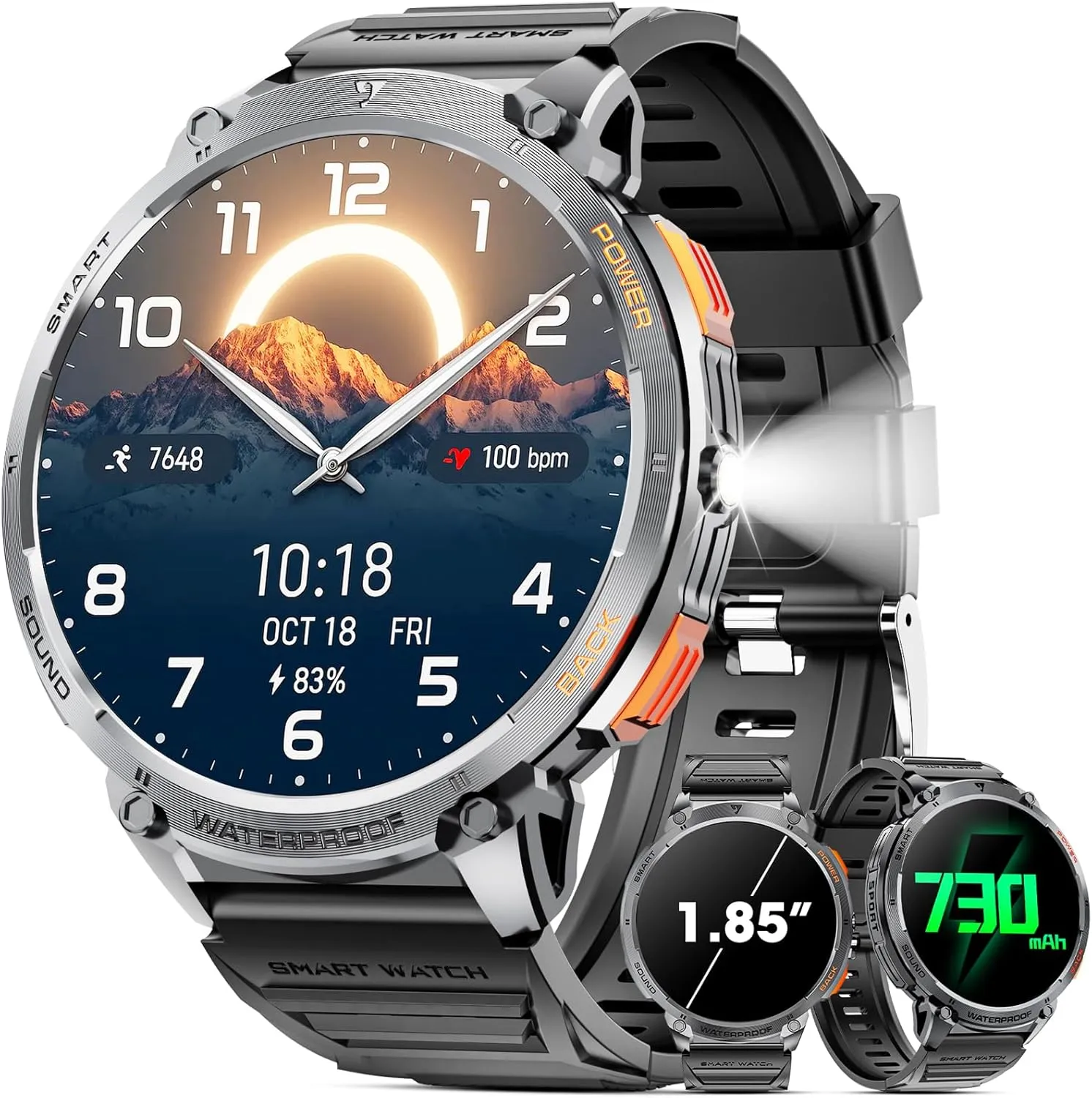 HD Touch Screen 730mAh Battery Smart Watches with LED Flashlight for Android iOS ��Bluetooth Call Answer/Dial Calls�� Fitness Tracker with Heart Rate Blood Military Smart Watch plot dishabituate sleepiness arthritis estimate for Men 1.85" 