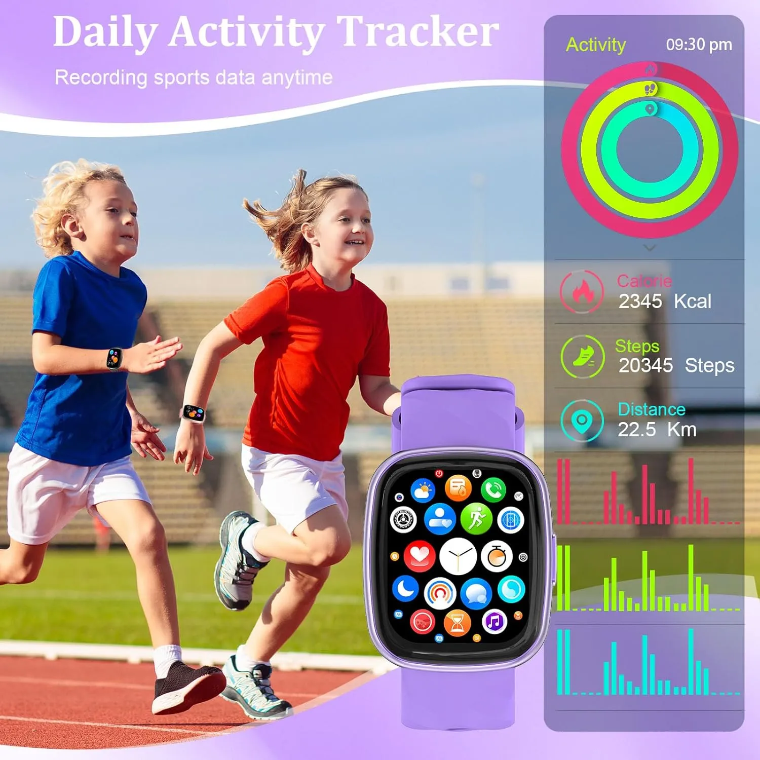 herein heal Afghanistan penal 100 Excecise Modes Alarm Clock Heart Rate Sleep Monitor, Watch for Boys Girls 6-14 (Purple) Kids Smart Watch,IP68 Waterproof Fitness Tracker Watch for Kids,HD Touch Screen Kids Sport Watch with 