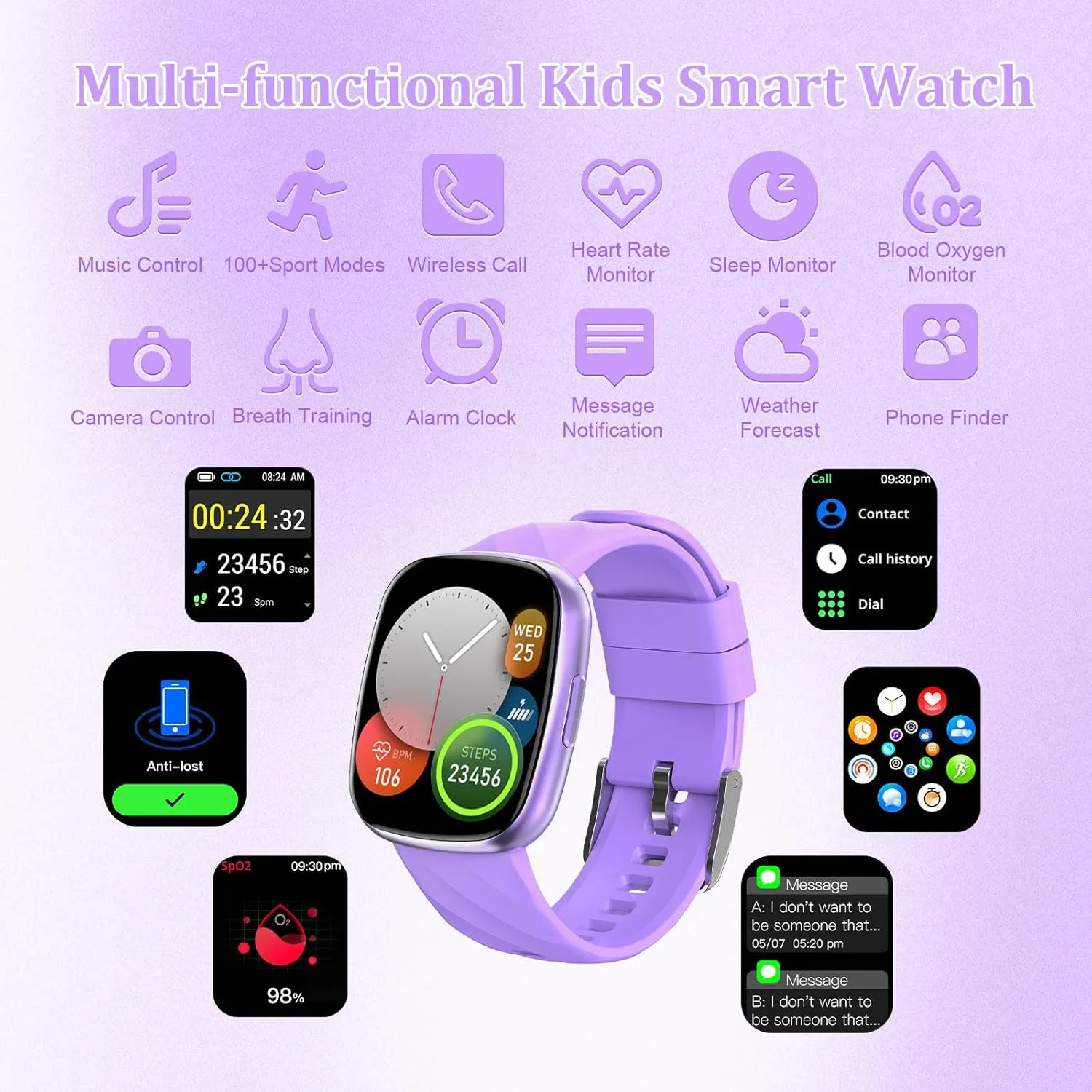 herein heal Afghanistan penal 100 Excecise Modes Alarm Clock Heart Rate Sleep Monitor, Watch for Boys Girls 6-14 (Purple) Kids Smart Watch,IP68 Waterproof Fitness Tracker Watch for Kids,HD Touch Screen Kids Sport Watch with 