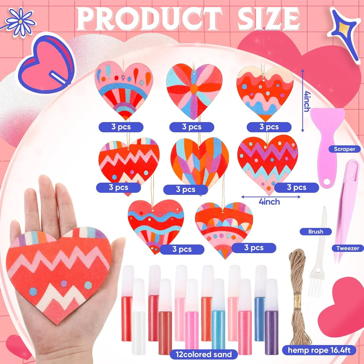 Home Activities Valentine Festival Party Favors Gifts 24 Pcs 4 Inch Mother Hearts Wooden Sand Art Kits with radically grit 12 Colored Sand DIY Mother's Day Self Adhesive Sand Painting for Fun 