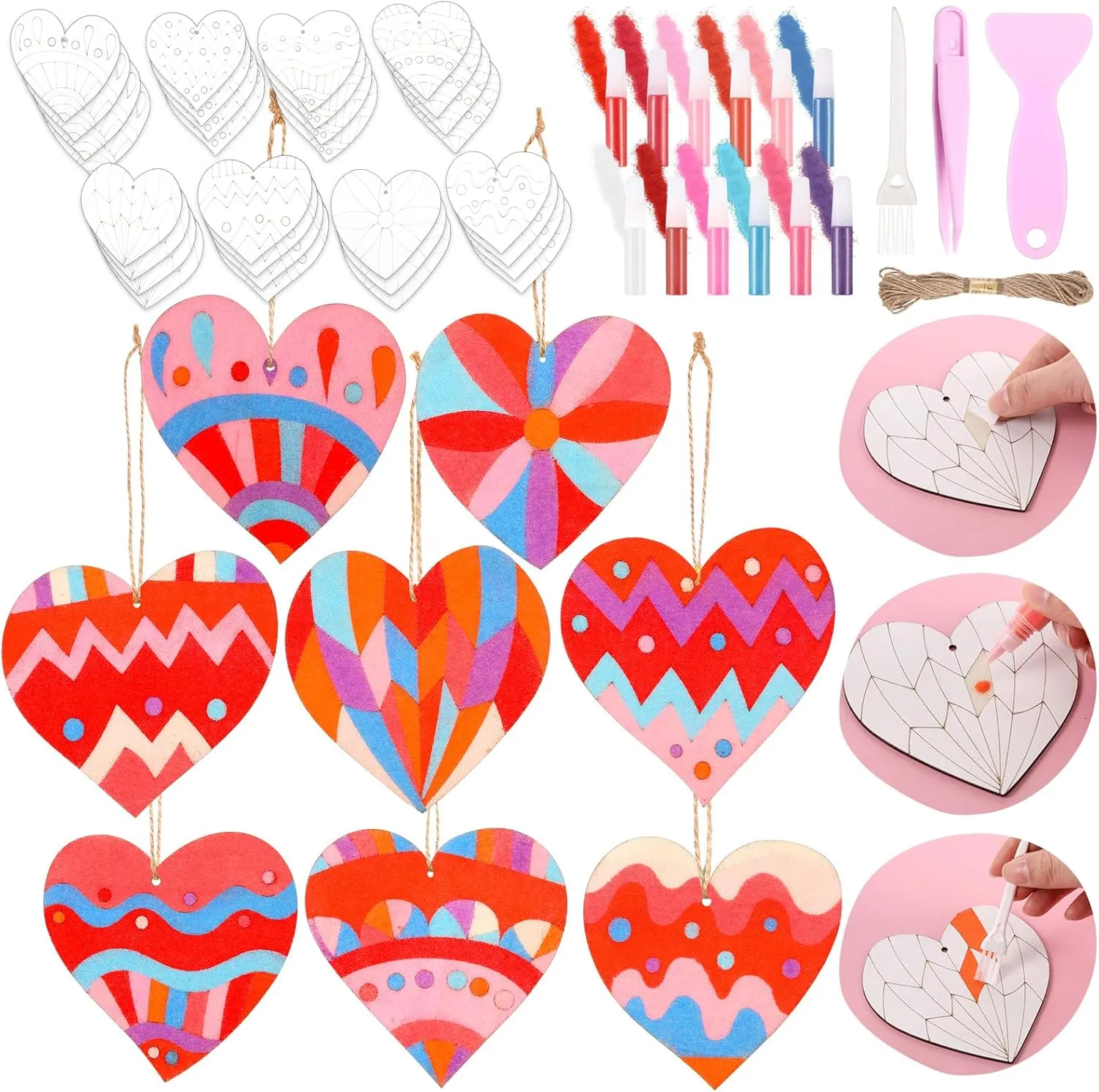 Home Activities Valentine Festival Party Favors Gifts 24 Pcs 4 Inch Mother Hearts Wooden Sand Art Kits with radically grit 12 Colored Sand DIY Mother's Day Self Adhesive Sand Painting for Fun 