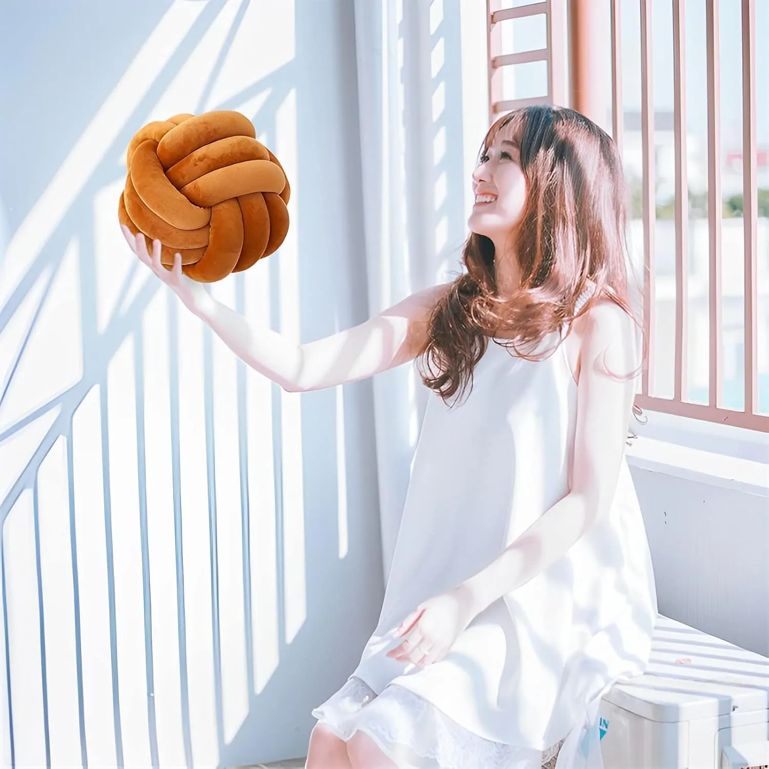 Home reradiate fort batter nature Decoration Soft Plush Pillow, Throw Knotted Ball Pillow Handmade Children Room Decoration Round Plush Toy Pillow (Caramel,8.5"/22cm) Knot Ball Pillows, Round Throw Pillow Cushion 