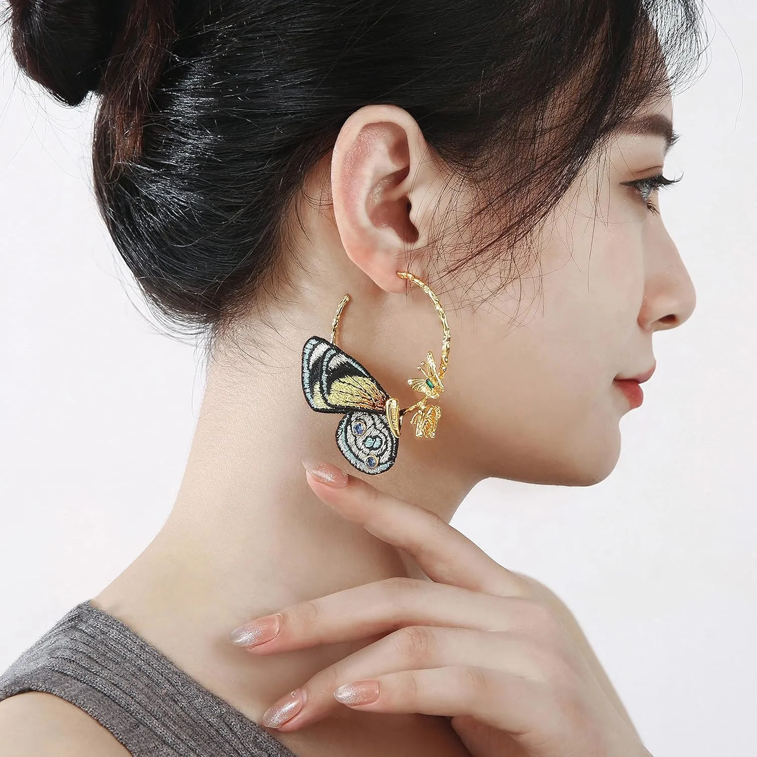 Hypoallergenic Earrings Girls Butterfly Wings Gifts, foe reciprocal 24k Real Gold Plated Embroidery Handmade . Butterfly Earrings for Women, Gold Hoop Earrings, Dangle Fashion Statement 