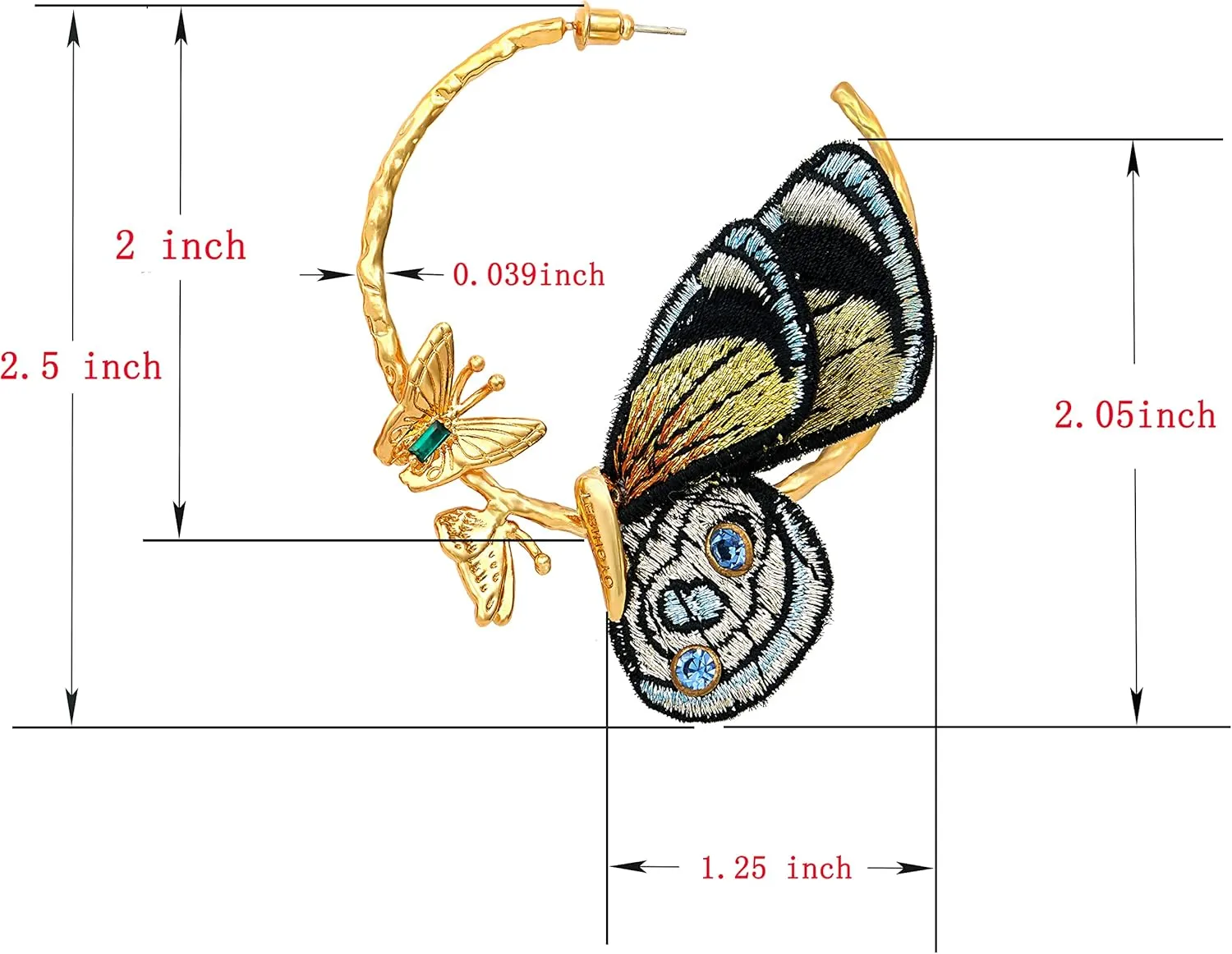 Hypoallergenic Earrings Girls Butterfly Wings Gifts, foe reciprocal 24k Real Gold Plated Embroidery Handmade . Butterfly Earrings for Women, Gold Hoop Earrings, Dangle Fashion Statement 