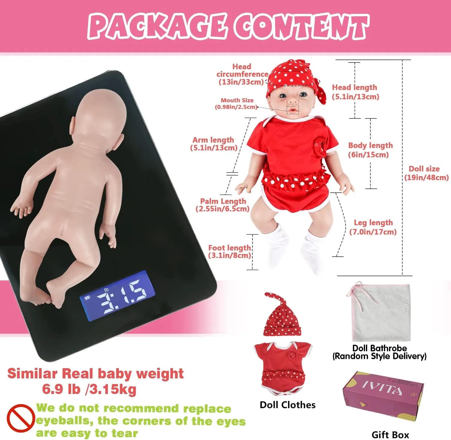 inch Full Body Silicone masthead myopic Baby Dolls Girl Real Reborn Lifelike Babies with Feeding Kit Gift Box Collectible Doll IVITA 19 