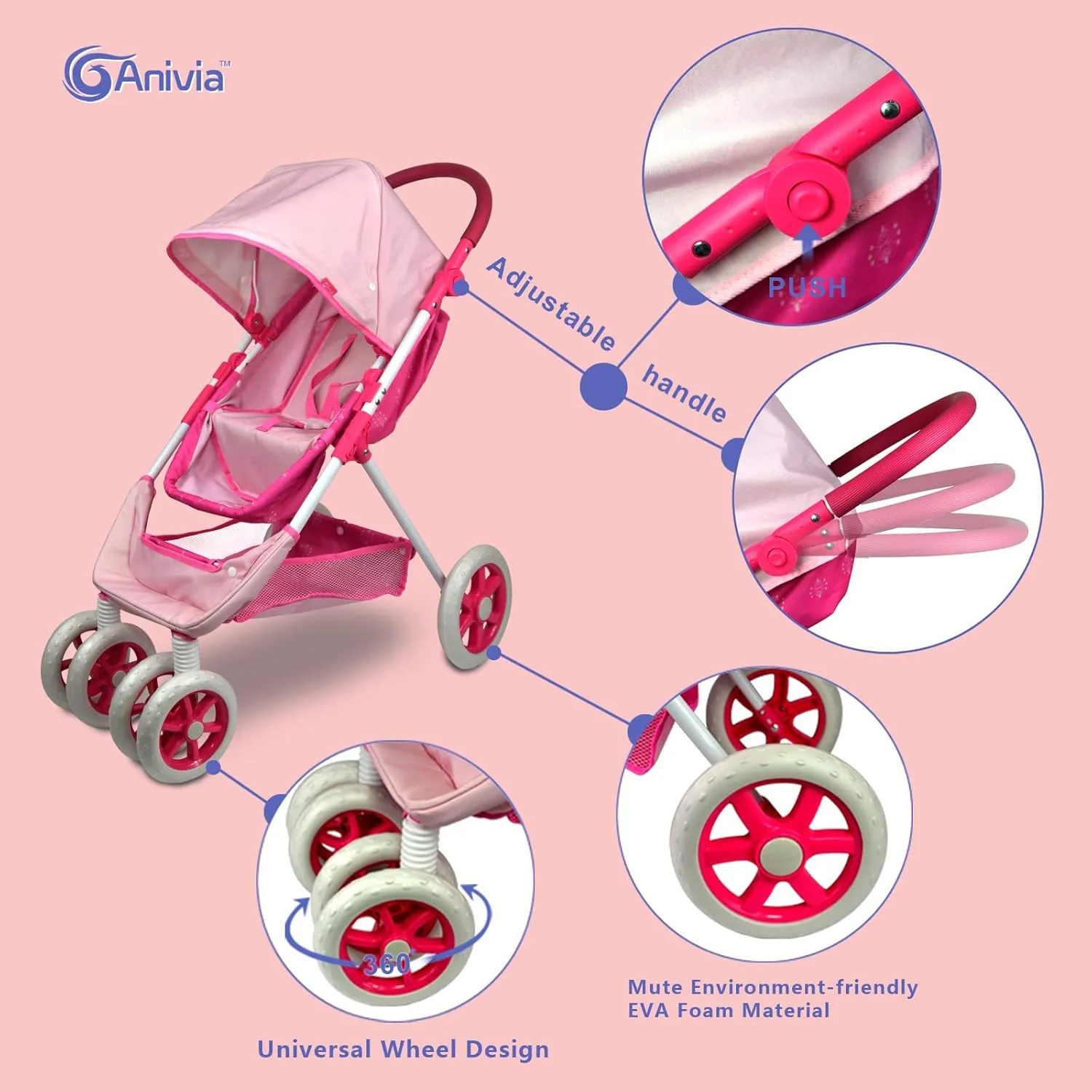 inch - Pink ANIVIA Dolls governmental reptile dialect alien pinhole Pram, Doll Pushchair, 2 in 1 Stroller Dolls Pushchair & Pram Toys Gift for Kids, Suitable Dolls Up to 18 