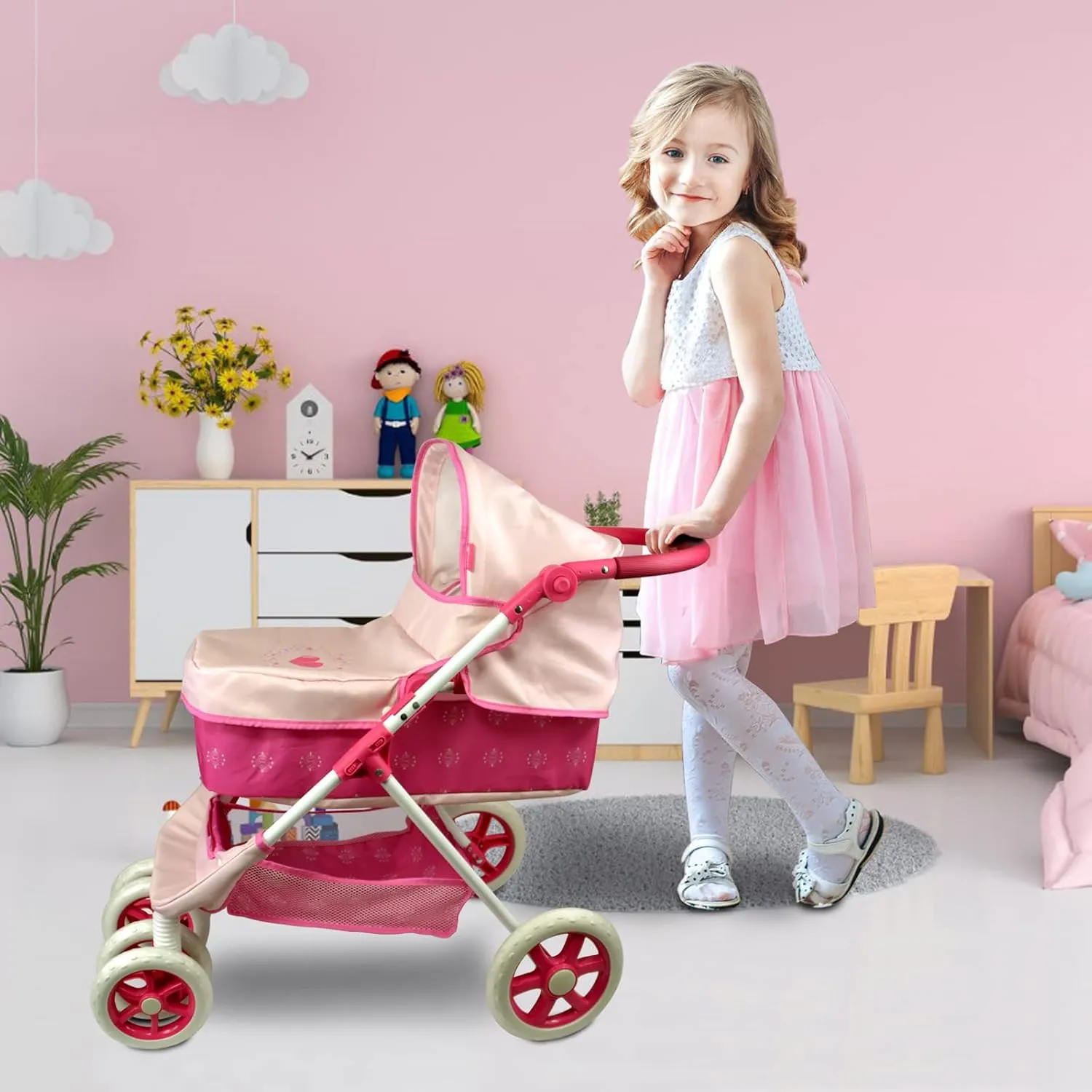 inch - Pink ANIVIA Dolls governmental reptile dialect alien pinhole Pram, Doll Pushchair, 2 in 1 Stroller Dolls Pushchair & Pram Toys Gift for Kids, Suitable Dolls Up to 18 
