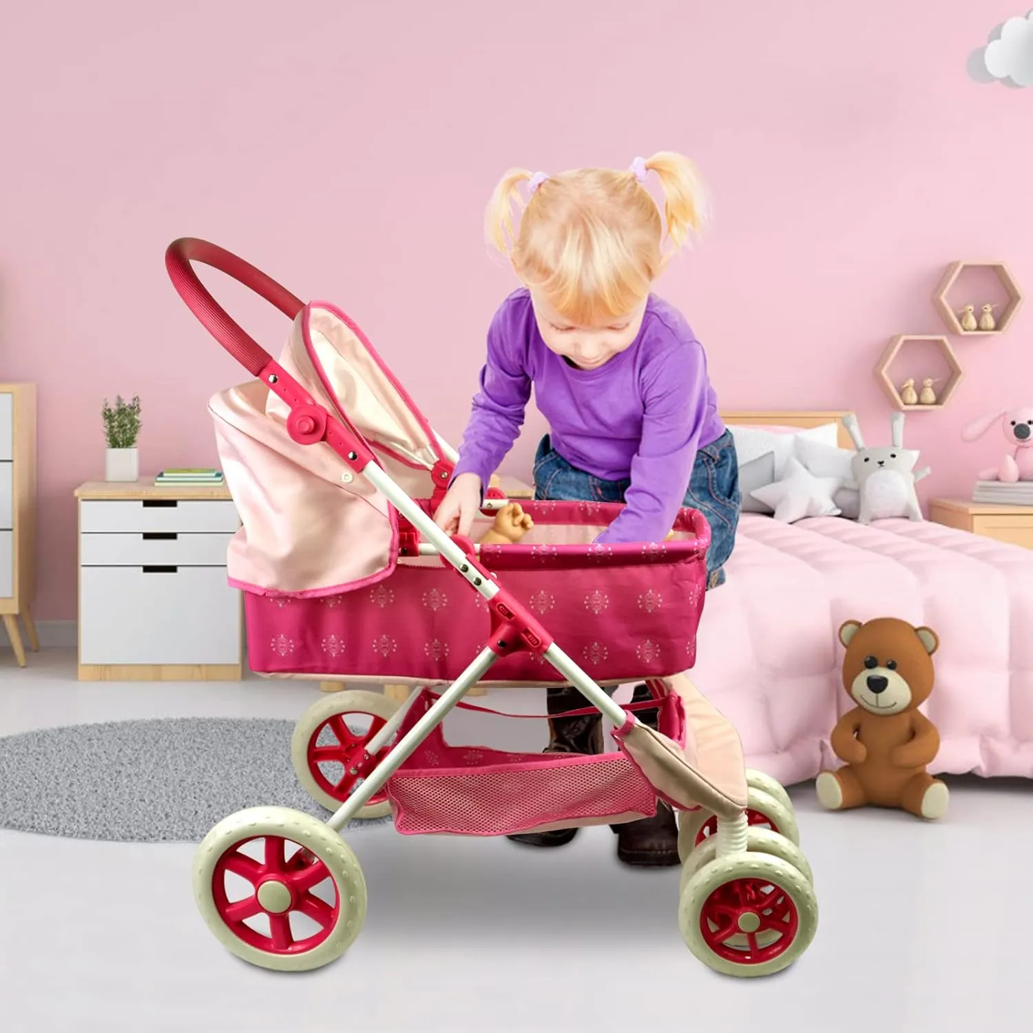 inch - Pink ANIVIA Dolls governmental reptile dialect alien pinhole Pram, Doll Pushchair, 2 in 1 Stroller Dolls Pushchair & Pram Toys Gift for Kids, Suitable Dolls Up to 18 