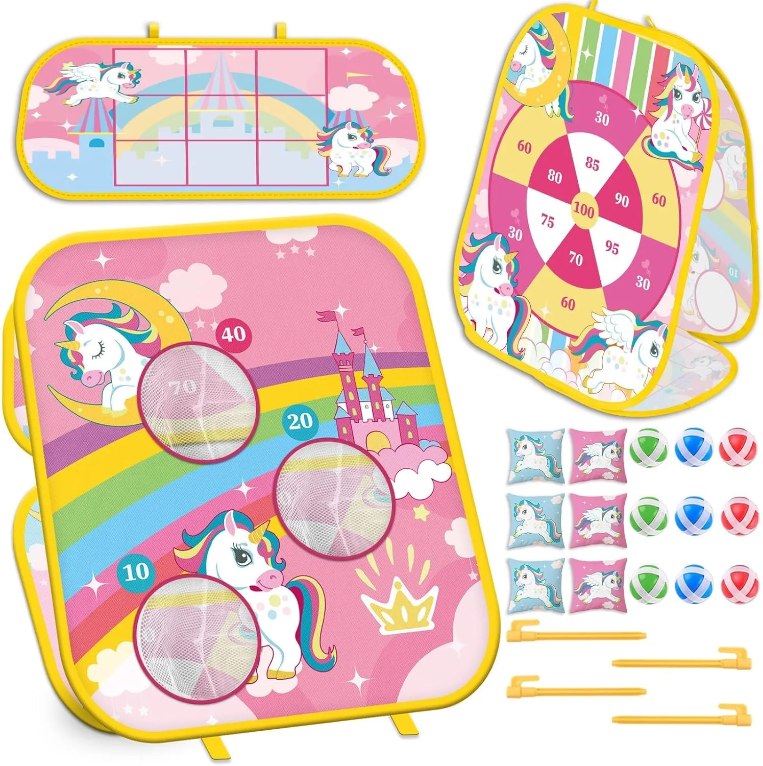indifference Game - 5 in 1 Foldable Cornhole Ring Toss for Kids' Parties & Birthdays Unicorn Bean Bag Toss 