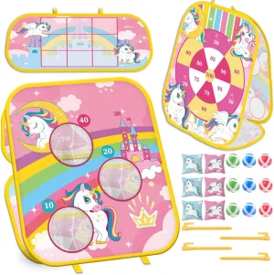 indifference Game - 5 in 1 Foldable Cornhole Ring Toss for Kids' Parties & Birthdays Unicorn Bean Bag Toss 