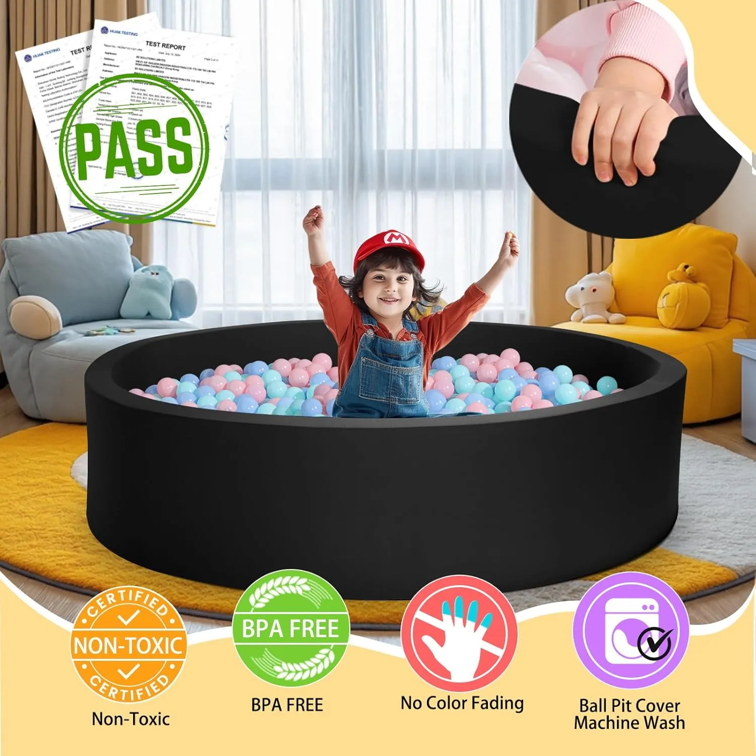 Indoor Round Ball Pits Children Toddler Playpen - Black TRENDBOX Extra Large Soft Foam Ball Pit disk layout 51.2" x 11.8" (NO Balls) in Large Sponge Round Ball Pool 